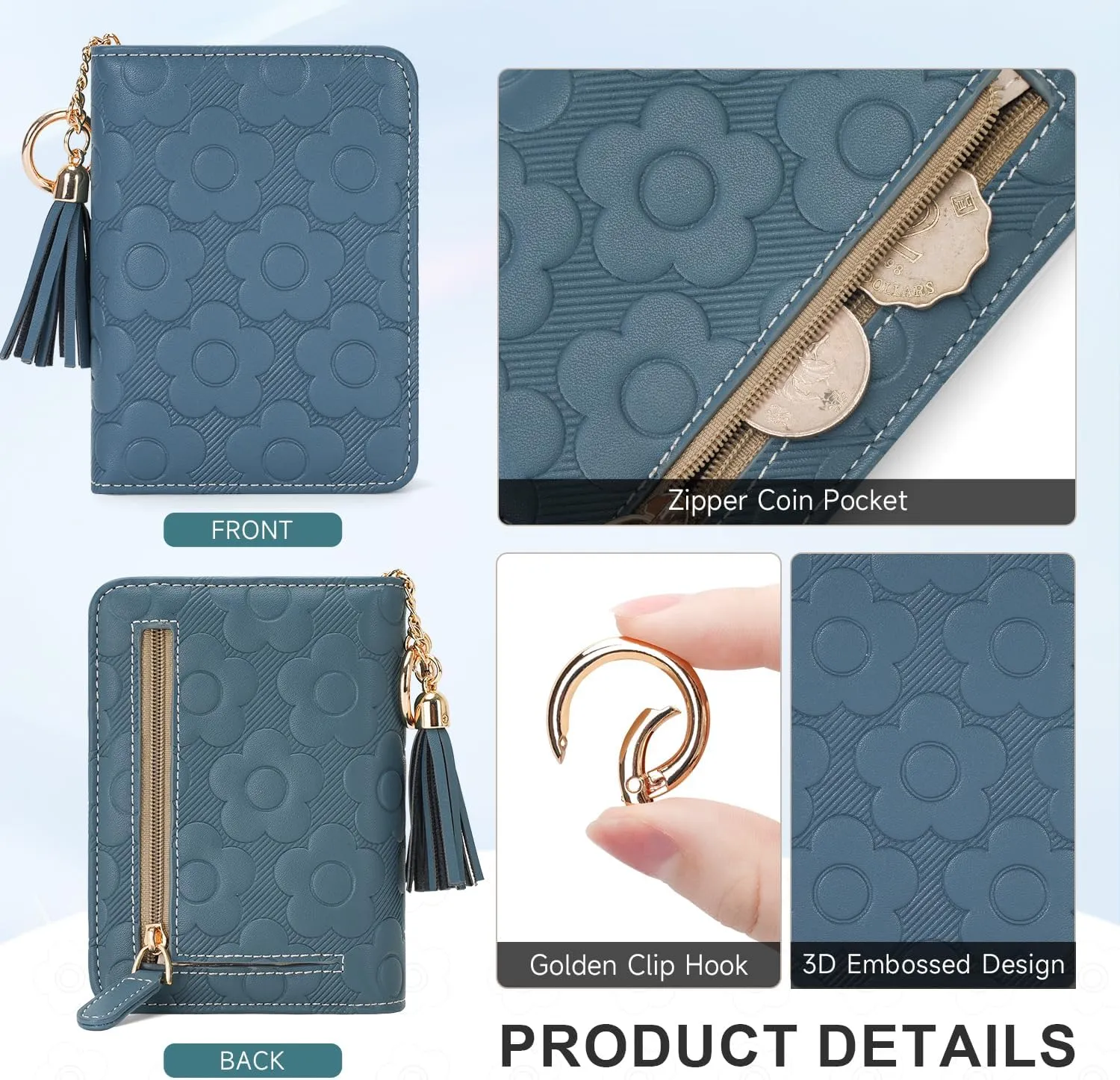 RFID Blocking Wallet Women Cute Embossed Floral Leather Credit Card Holder Wallet for Women with Tassel Accordion Purse Bifold Ladies Small Womens Wallets with Zipper Coin Pocket Peacock- Blue