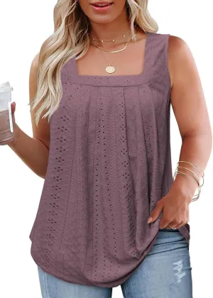 ROSRISS Plus-Size-Tank-Tops Summer Sleeveless Loose Fit Pleated Shirts Square Neck Tunics Eyelet Flowy Tees