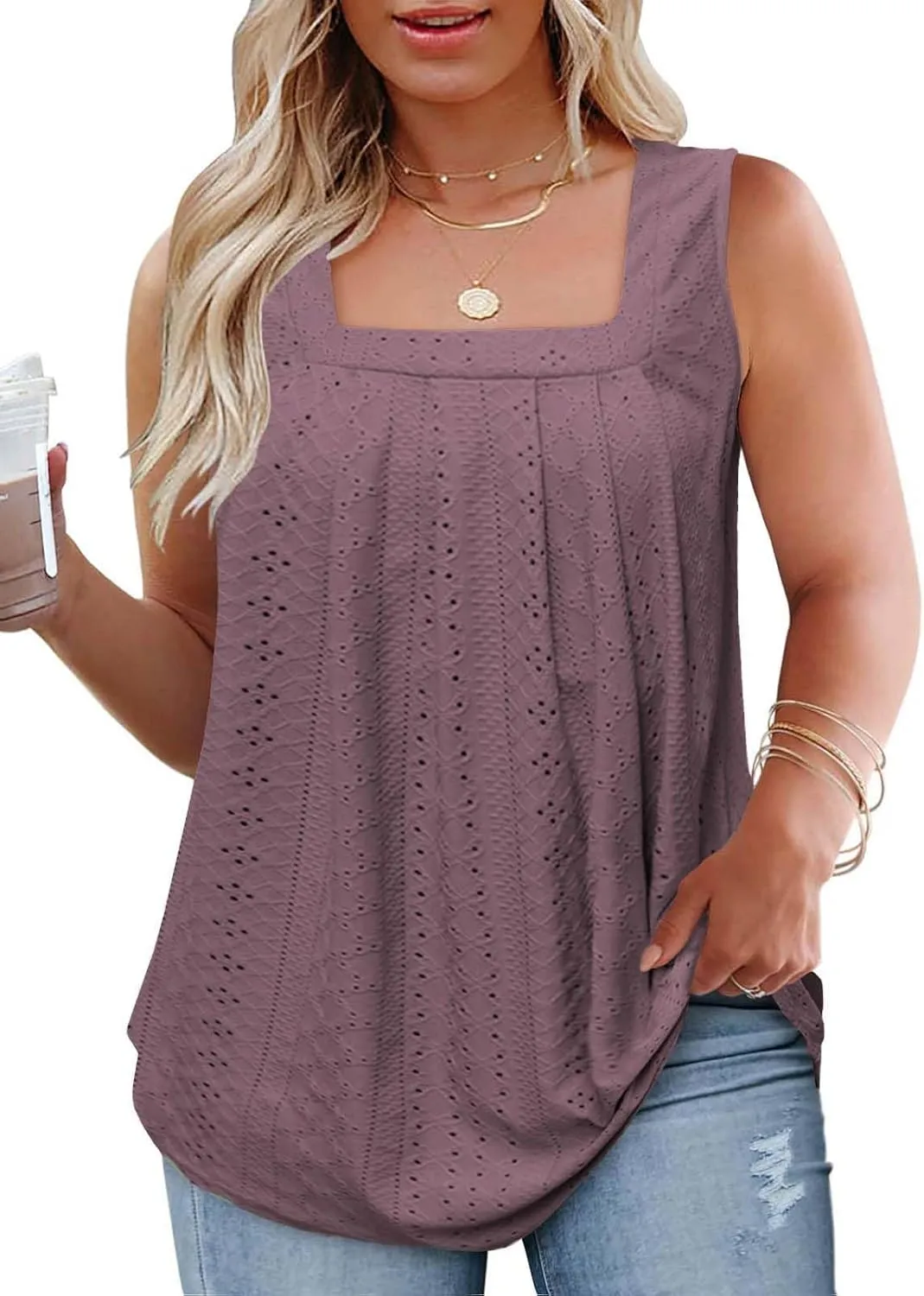 ROSRISS Plus-Size-Tank-Tops Summer Sleeveless Loose Fit Pleated Shirts Square Neck Tunics Eyelet Flowy Tees
