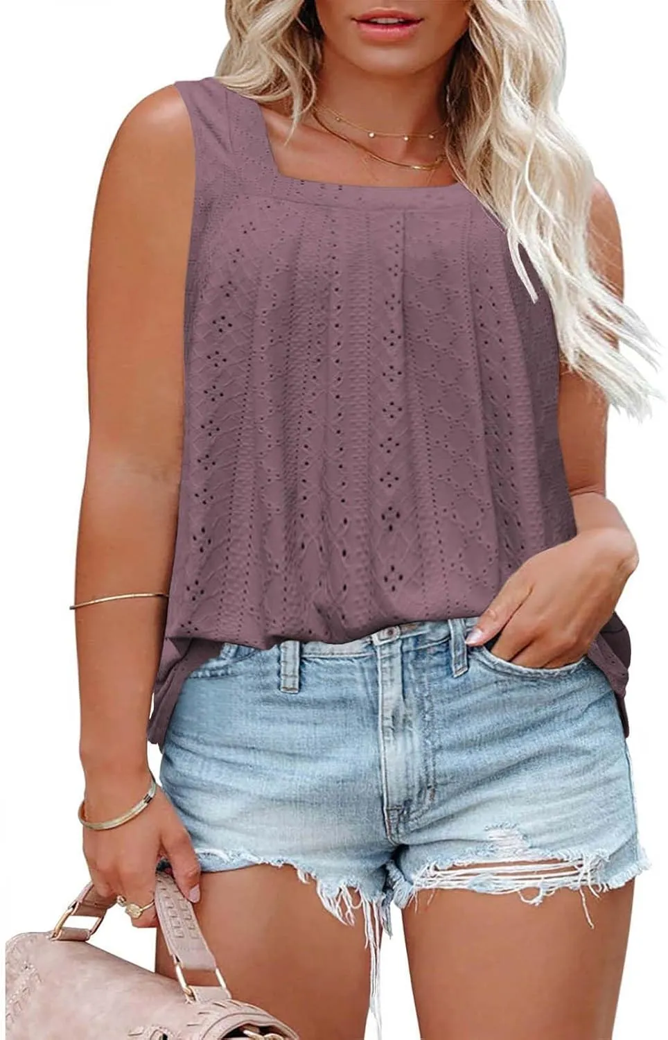 ROSRISS Plus-Size-Tank-Tops Summer Sleeveless Loose Fit Pleated Shirts Square Neck Tunics Eyelet Flowy Tees