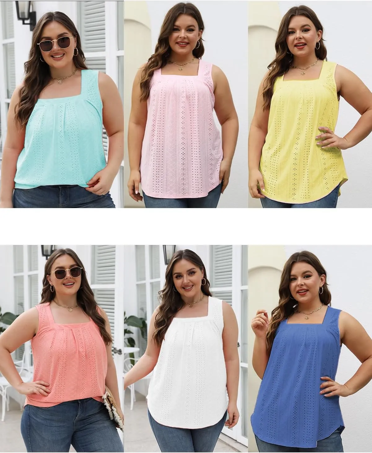 ROSRISS Plus-Size-Tank-Tops Summer Sleeveless Loose Fit Pleated Shirts Square Neck Tunics Eyelet Flowy Tees