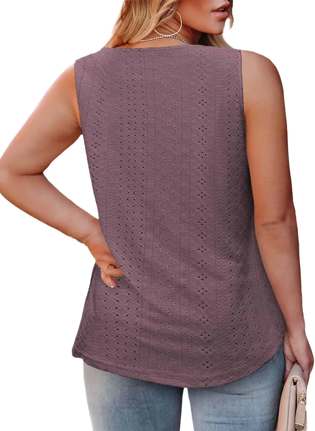 ROSRISS Plus-Size-Tank-Tops Summer Sleeveless Loose Fit Pleated Shirts Square Neck Tunics Eyelet Flowy Tees