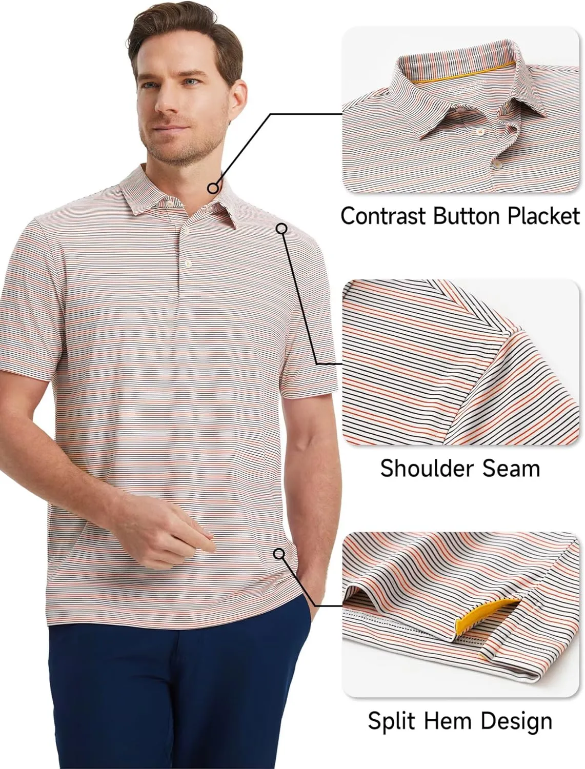 Rouen Men's Polo Shirts Short Sleeve Dry Fit Performance Wicking Moisture Causal Striped Collared Golf Shirts for Men