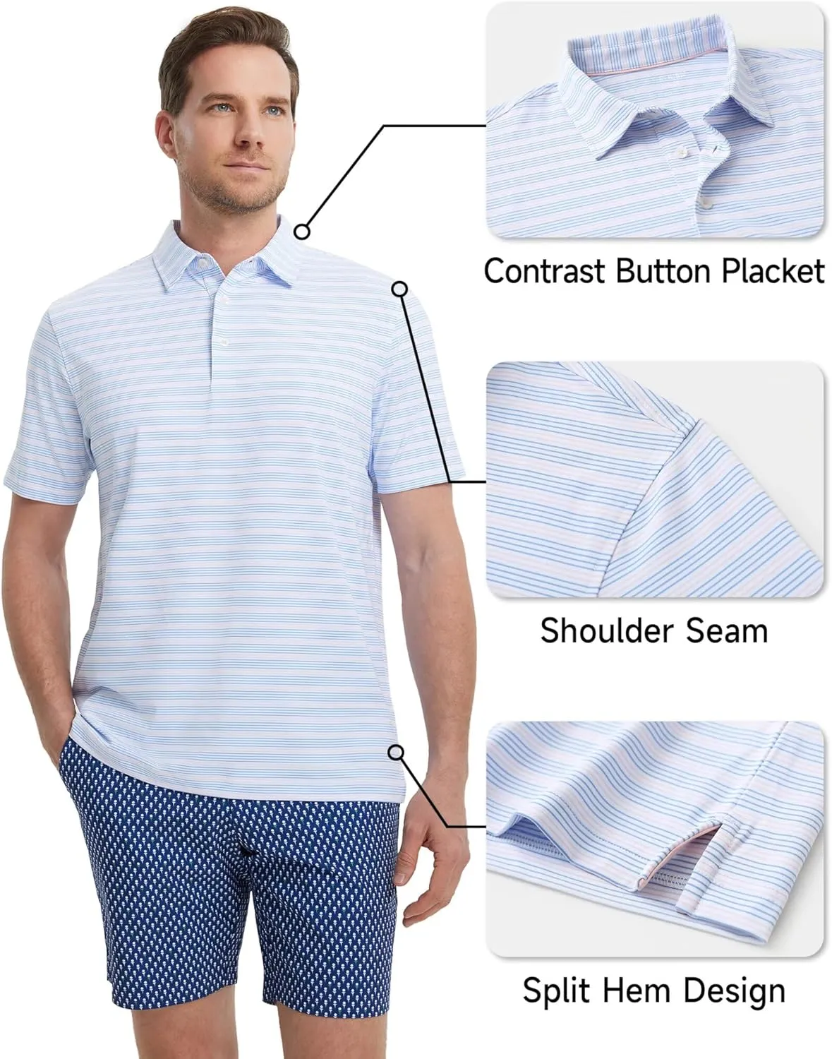 Rouen Men's Polo Shirts Short Sleeve Dry Fit Performance Wicking Moisture Causal Striped Collared Golf Shirts for Men