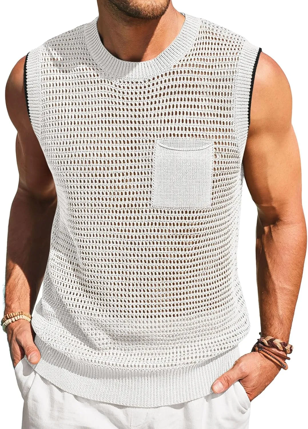 Runcati Mens Crochet Tank Tops See Through Knitted Sleeveless T-Shirts Muscle Summer Beach Hippie Shirts with Pocket