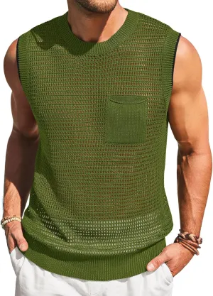 Runcati Mens Crochet Tank Tops See Through Knitted Sleeveless T-Shirts Muscle Summer Beach Hippie Shirts with Pocket