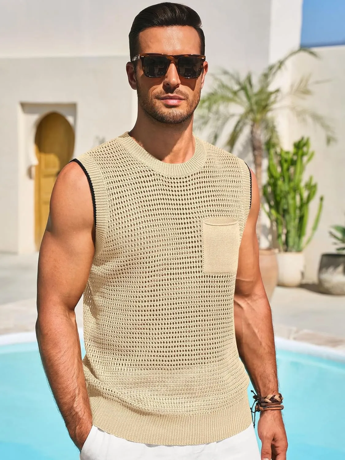 Runcati Mens Crochet Tank Tops See Through Knitted Sleeveless T-Shirts Muscle Summer Beach Hippie Shirts with Pocket