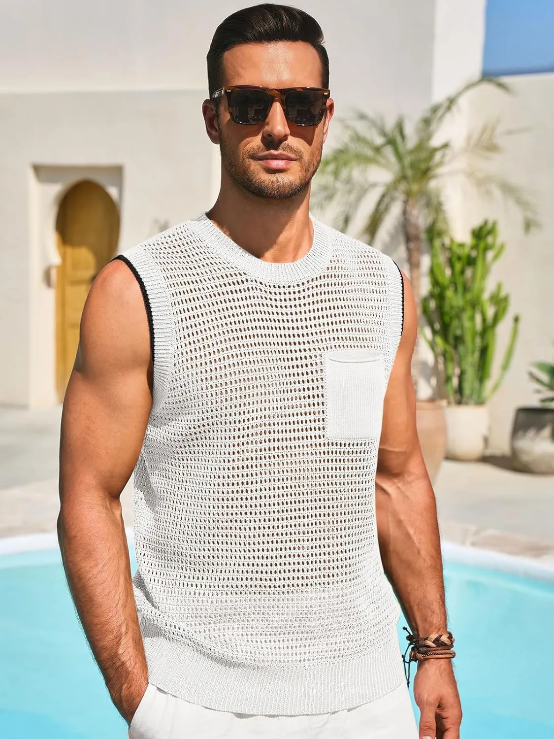 Runcati Mens Crochet Tank Tops See Through Knitted Sleeveless T-Shirts Muscle Summer Beach Hippie Shirts with Pocket