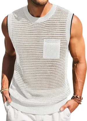 Runcati Mens Crochet Tank Tops See Through Knitted Sleeveless T-Shirts Muscle Summer Beach Hippie Shirts with Pocket