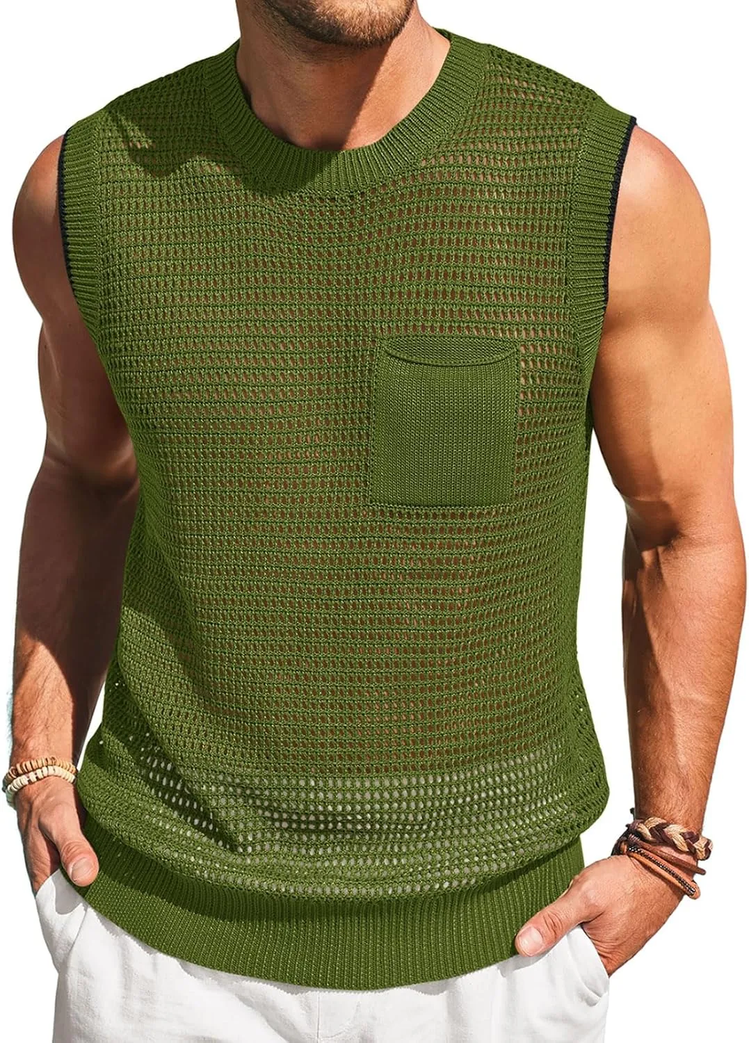 Runcati Mens Crochet Tank Tops See Through Knitted Sleeveless T-Shirts Muscle Summer Beach Hippie Shirts with Pocket