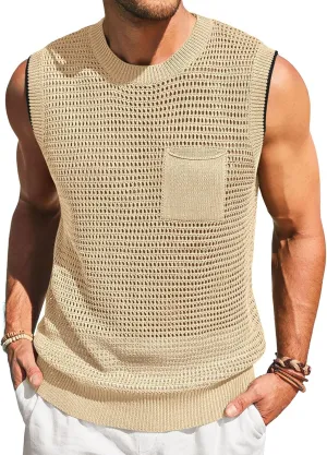 Runcati Mens Crochet Tank Tops See Through Knitted Sleeveless T-Shirts Muscle Summer Beach Hippie Shirts with Pocket