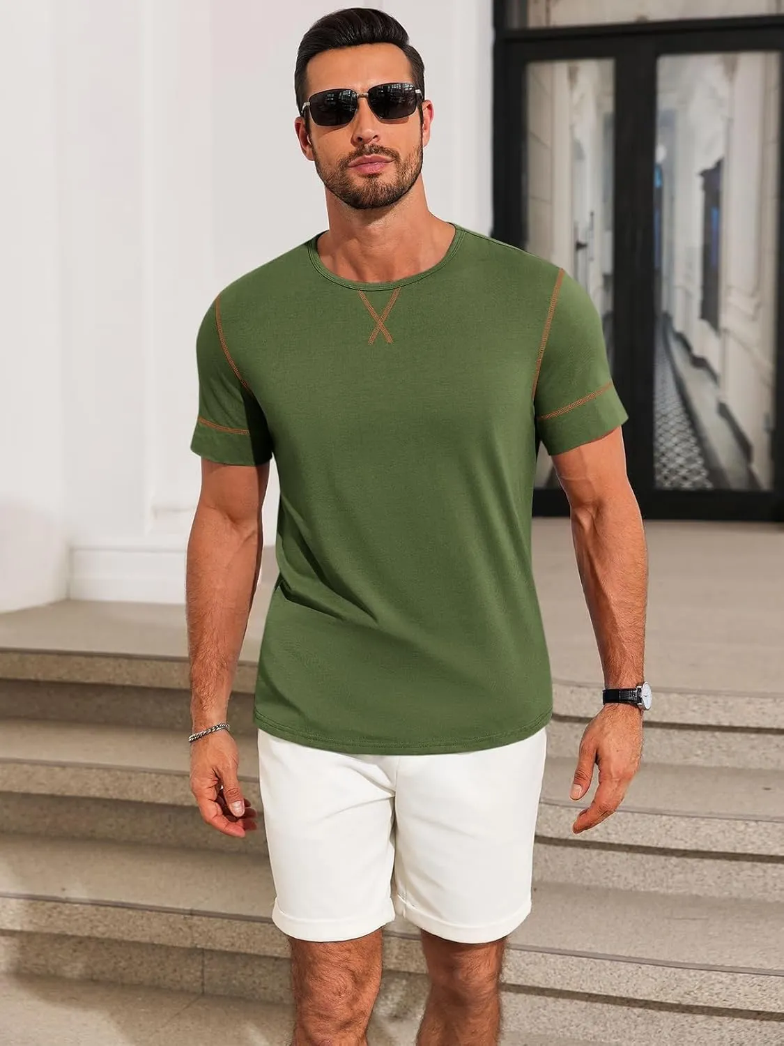 Runcati Mens Short Sleeve T-Shirts Crewneck Casual Cotton Workout Basic Tees Slim Fit Stretch Summer Shirt