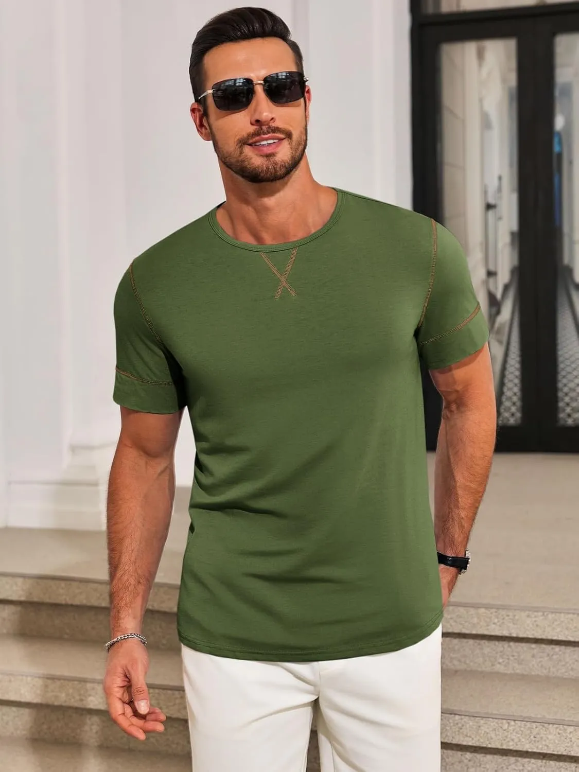 Runcati Mens Short Sleeve T-Shirts Crewneck Casual Cotton Workout Basic Tees Slim Fit Stretch Summer Shirt