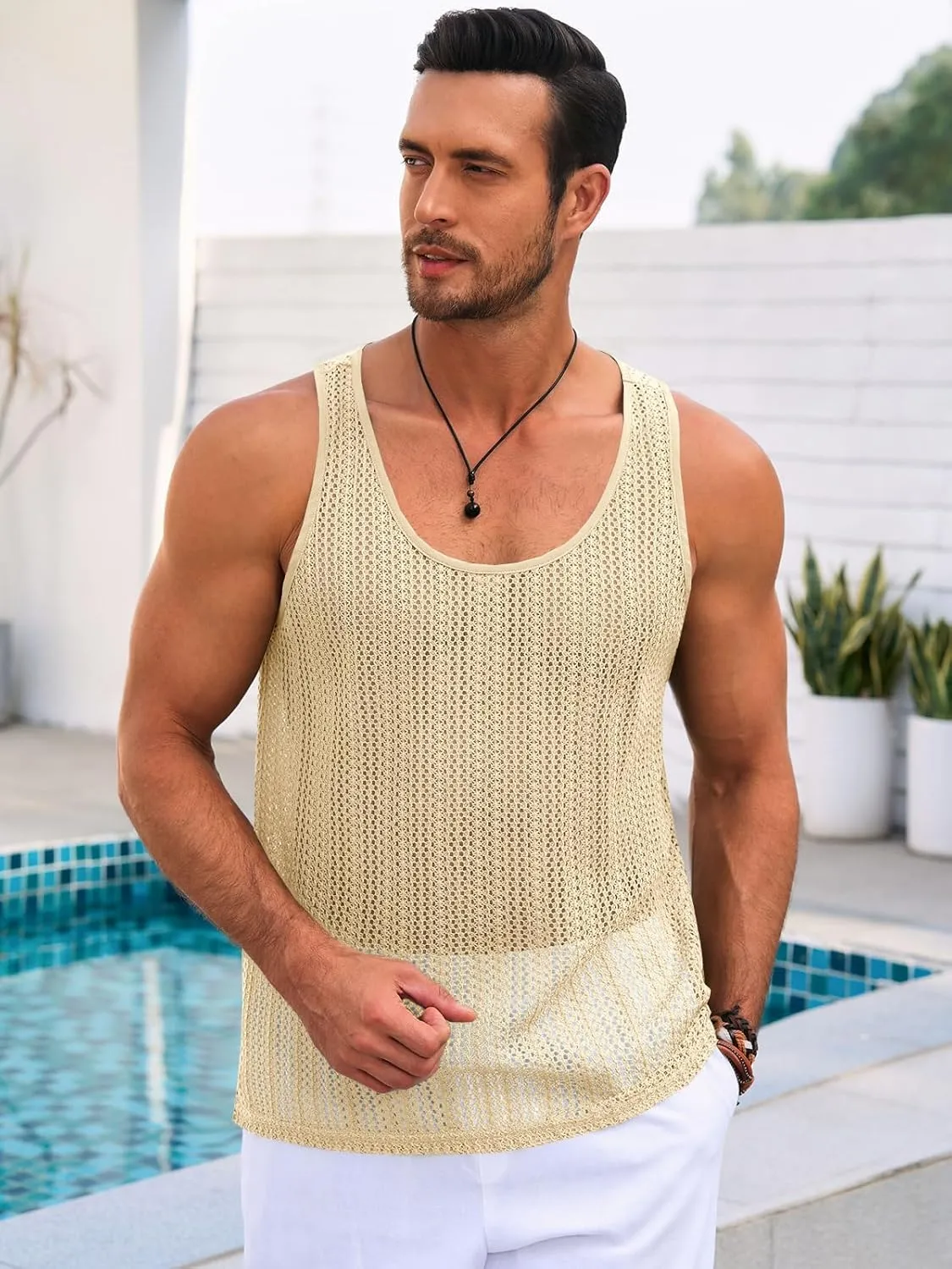 Runcati Mens Sleeveless Tank Tops Knitted Crochet See Through Hollow Out T-Shirts Muscle Summer Beach Hippie Shirts