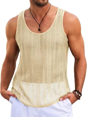 Runcati Mens Sleeveless Tank Tops Knitted Crochet See Through Hollow Out T-Shirts Muscle Summer Beach Hippie Shirts