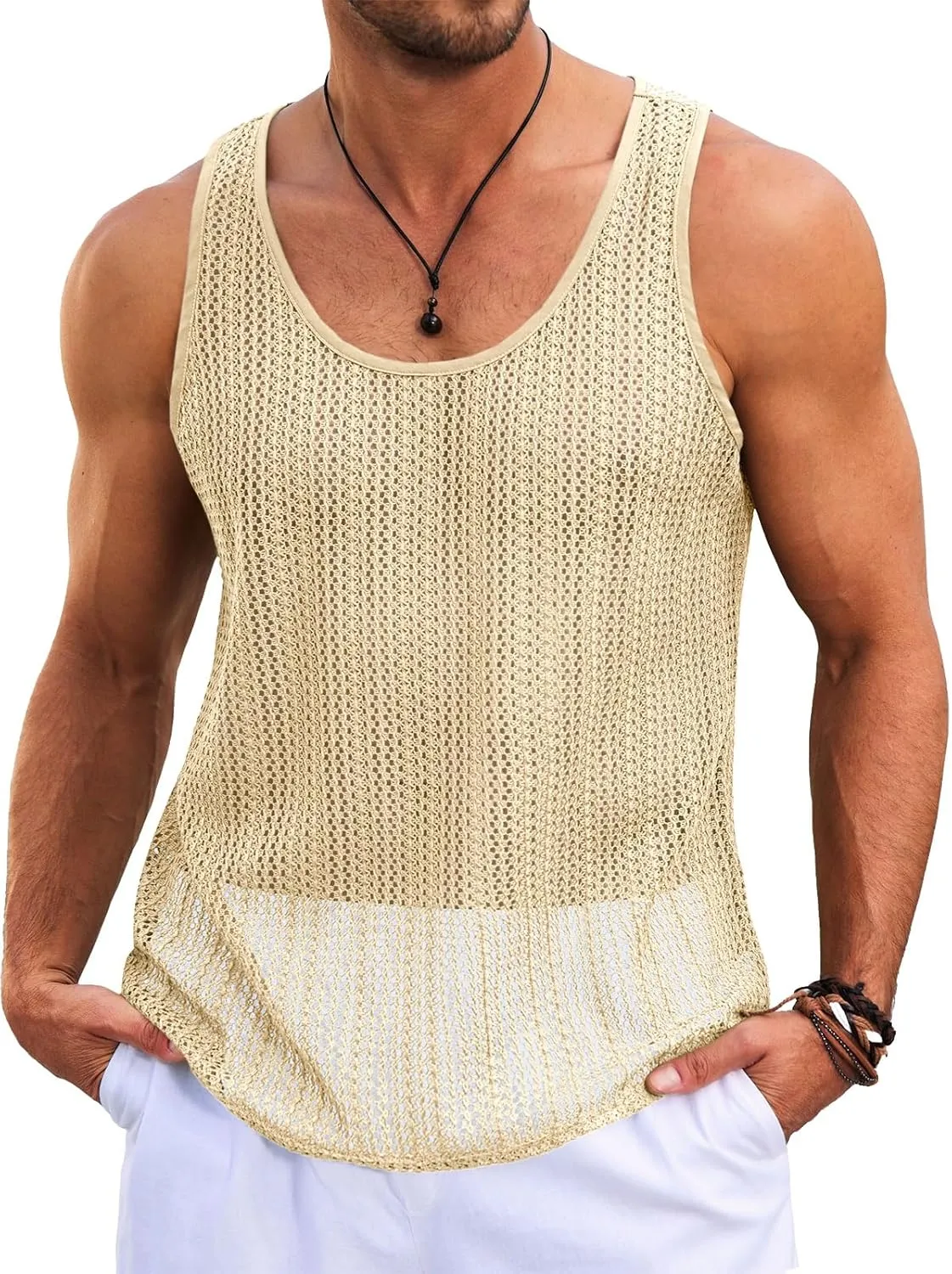Runcati Mens Sleeveless Tank Tops Knitted Crochet See Through Hollow Out T-Shirts Muscle Summer Beach Hippie Shirts