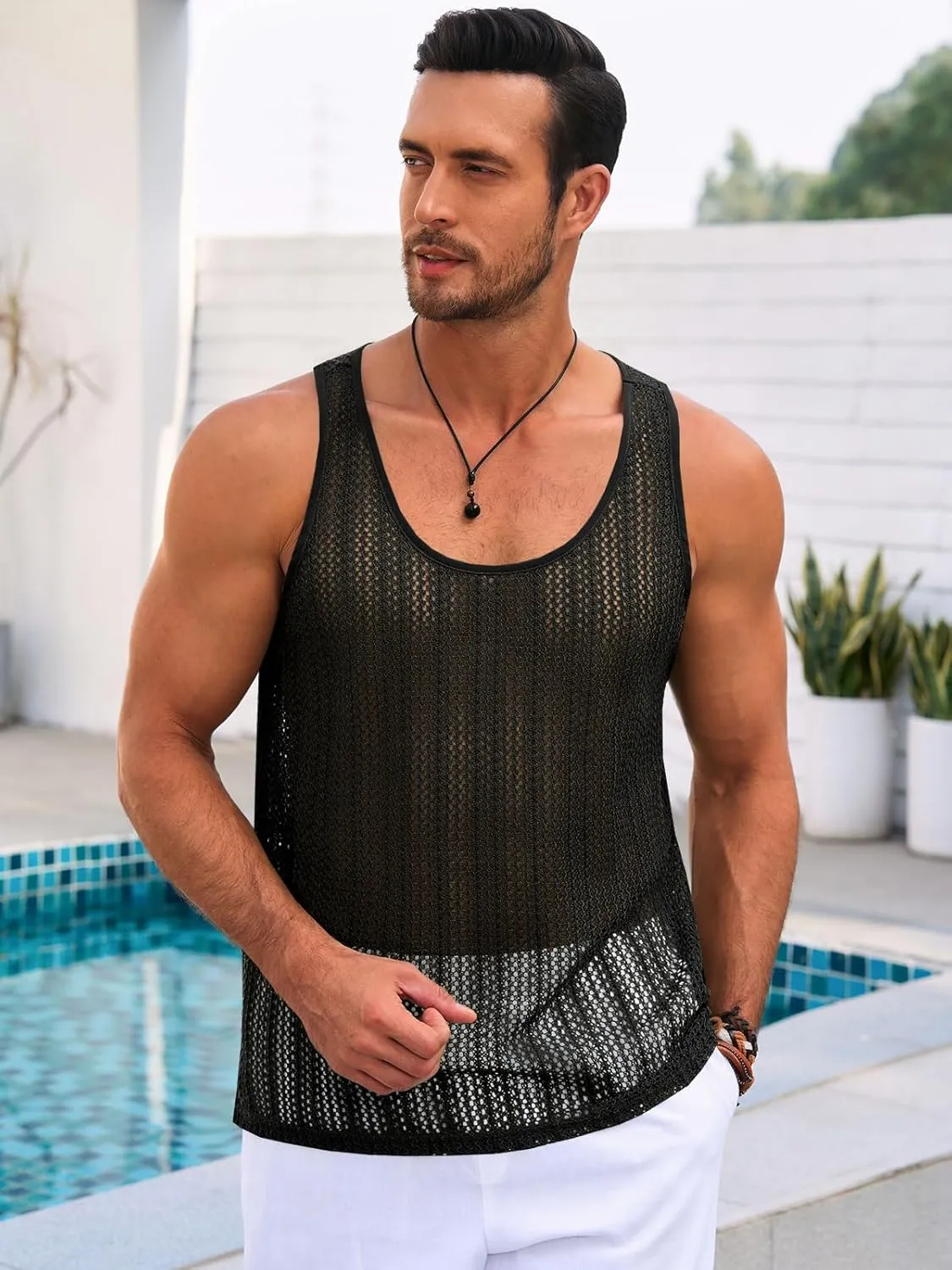 Runcati Mens Sleeveless Tank Tops Knitted Crochet See Through Hollow Out T-Shirts Muscle Summer Beach Hippie Shirts
