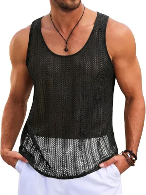 Runcati Mens Sleeveless Tank Tops Knitted Crochet See Through Hollow Out T-Shirts Muscle Summer Beach Hippie Shirts