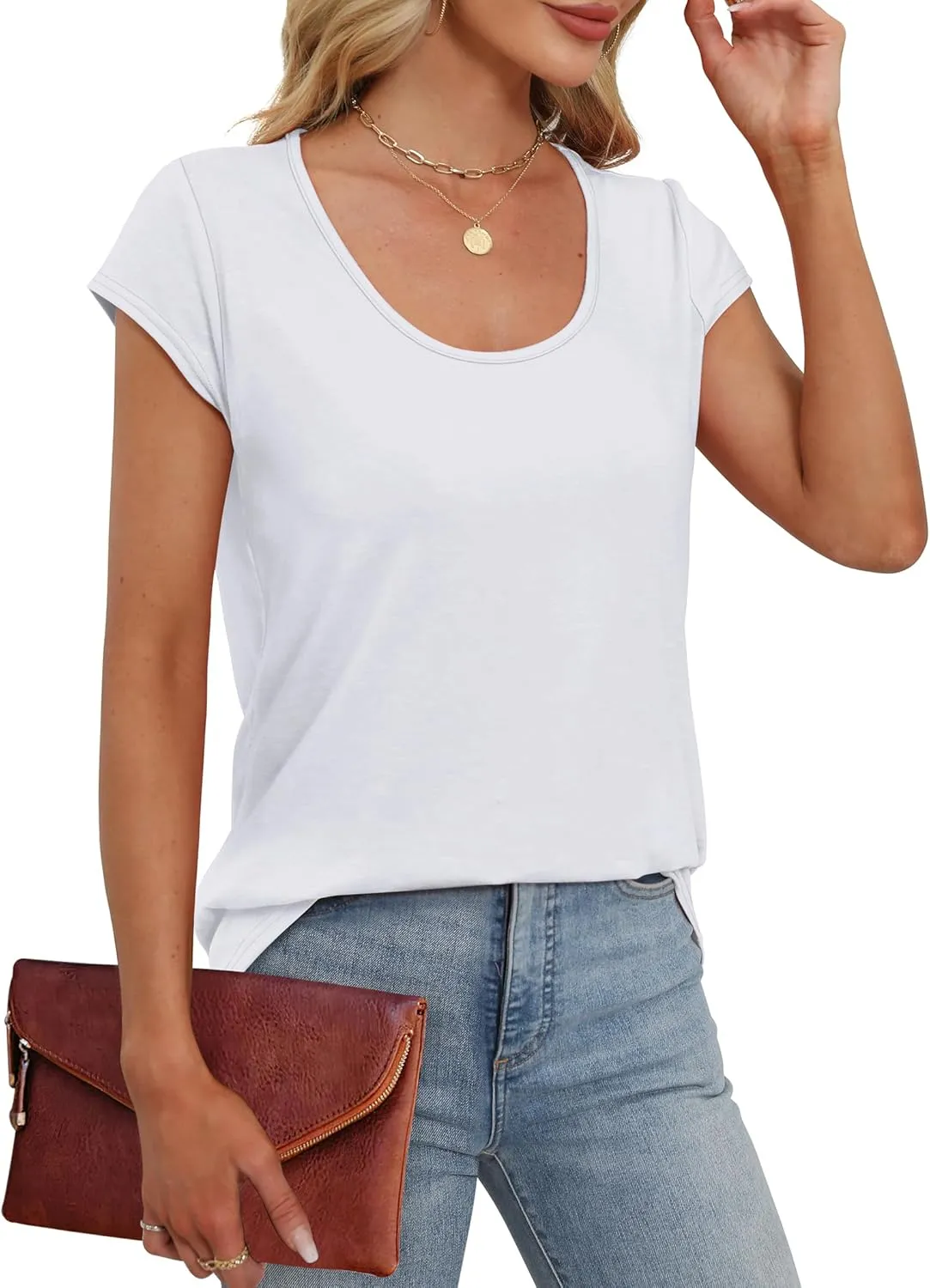 Saloogoe Womens Summer Tops 2025 Cap Sleeve U Neck T Shirts Short Sleeve Tshirts Shirts Beach Fashion Vacation Outfits