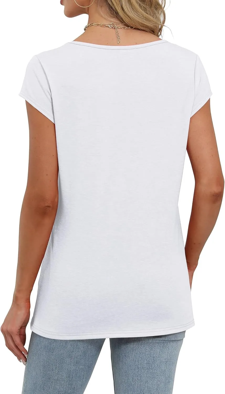 Saloogoe Womens Summer Tops 2025 Cap Sleeve U Neck T Shirts Short Sleeve Tshirts Shirts Beach Fashion Vacation Outfits