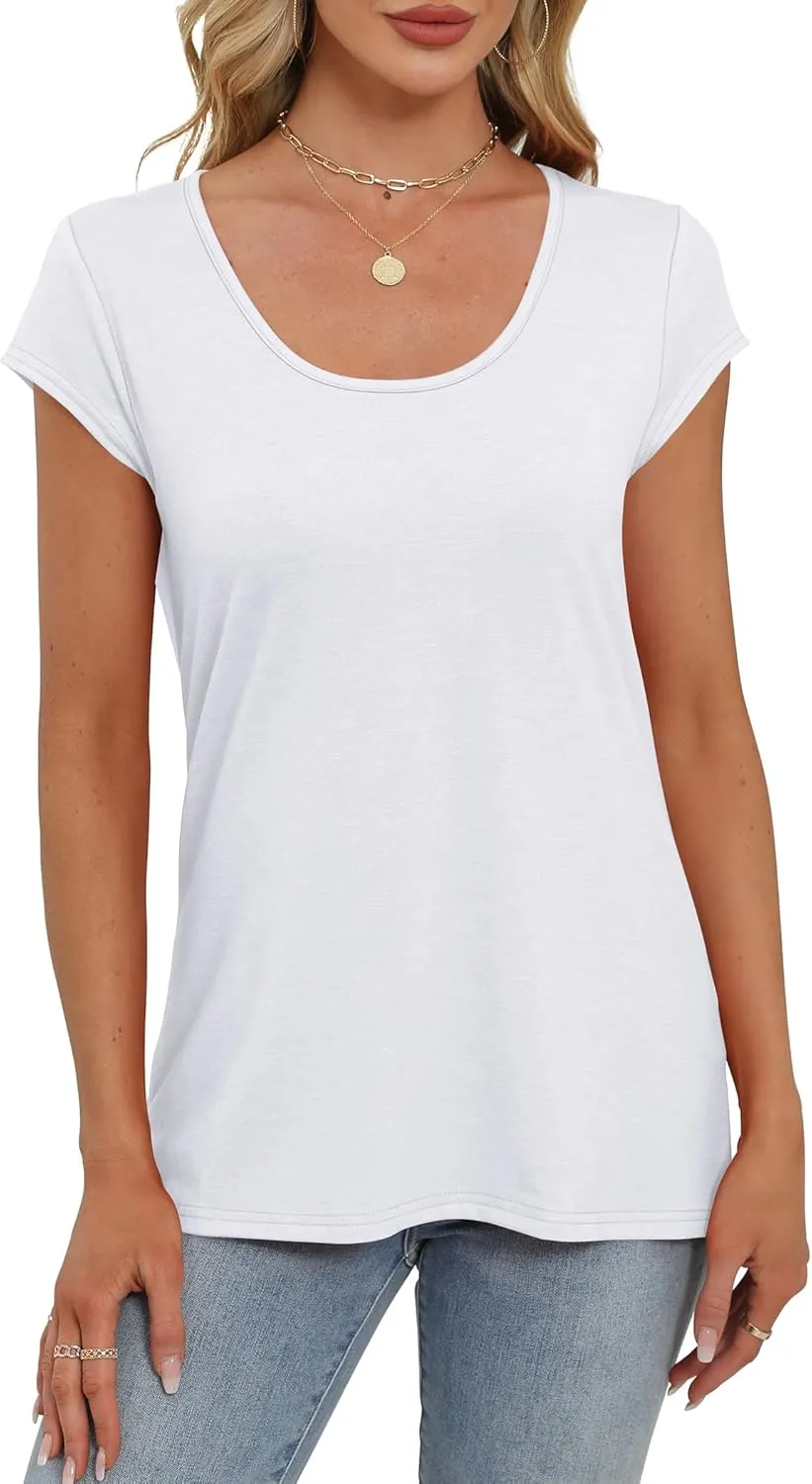 Saloogoe Womens Summer Tops 2025 Cap Sleeve U Neck T Shirts Short Sleeve Tshirts Shirts Beach Fashion Vacation Outfits