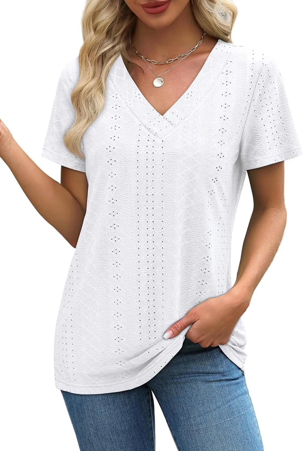 SAMPEEL Womens Summer Tops Trendy 2025 Eyelet Crossed V Neck T Shirts Loose Casual Short Sleeve Tshirts Shirts Fashion