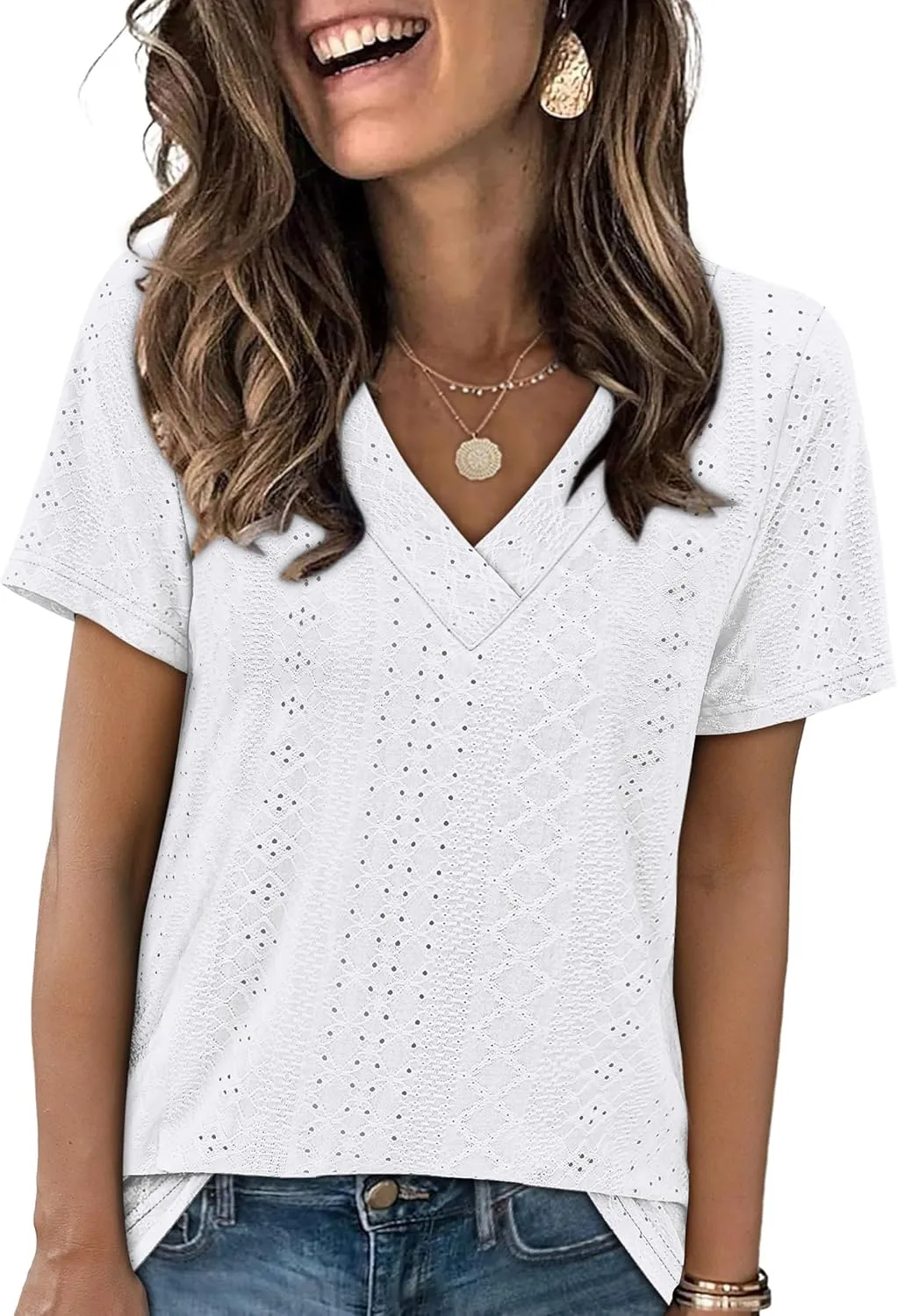SAMPEEL Womens Summer Tops Trendy 2025 Eyelet Crossed V Neck T Shirts Loose Casual Short Sleeve Tshirts Shirts Fashion