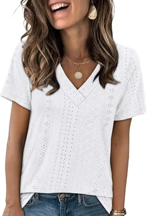 SAMPEEL Womens Summer Tops Trendy 2025 Eyelet Crossed V Neck T Shirts Loose Casual Short Sleeve Tshirts Shirts Fashion