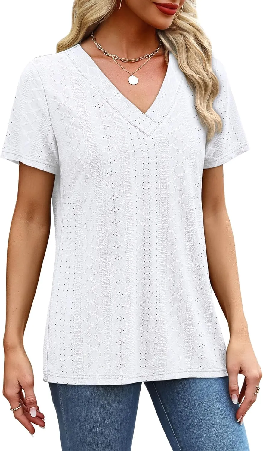 SAMPEEL Womens Summer Tops Trendy 2025 Eyelet Crossed V Neck T Shirts Loose Casual Short Sleeve Tshirts Shirts Fashion