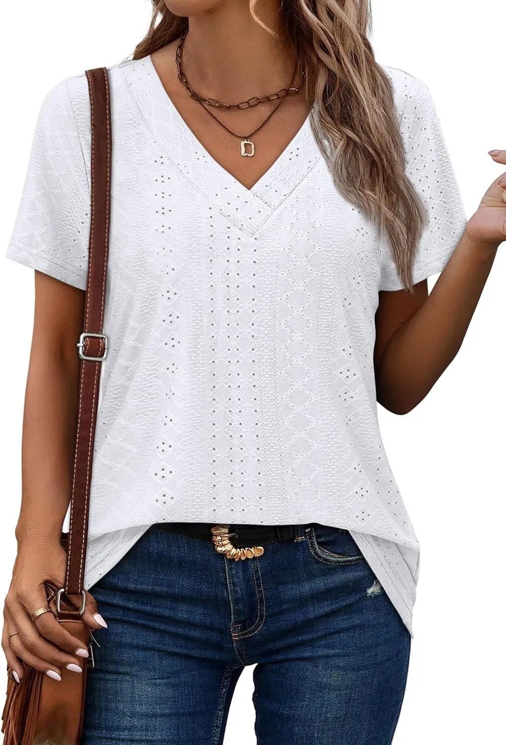 SAMPEEL Womens Summer Tops Trendy 2025 Eyelet Crossed V Neck T Shirts Loose Casual Short Sleeve Tshirts Shirts Fashion