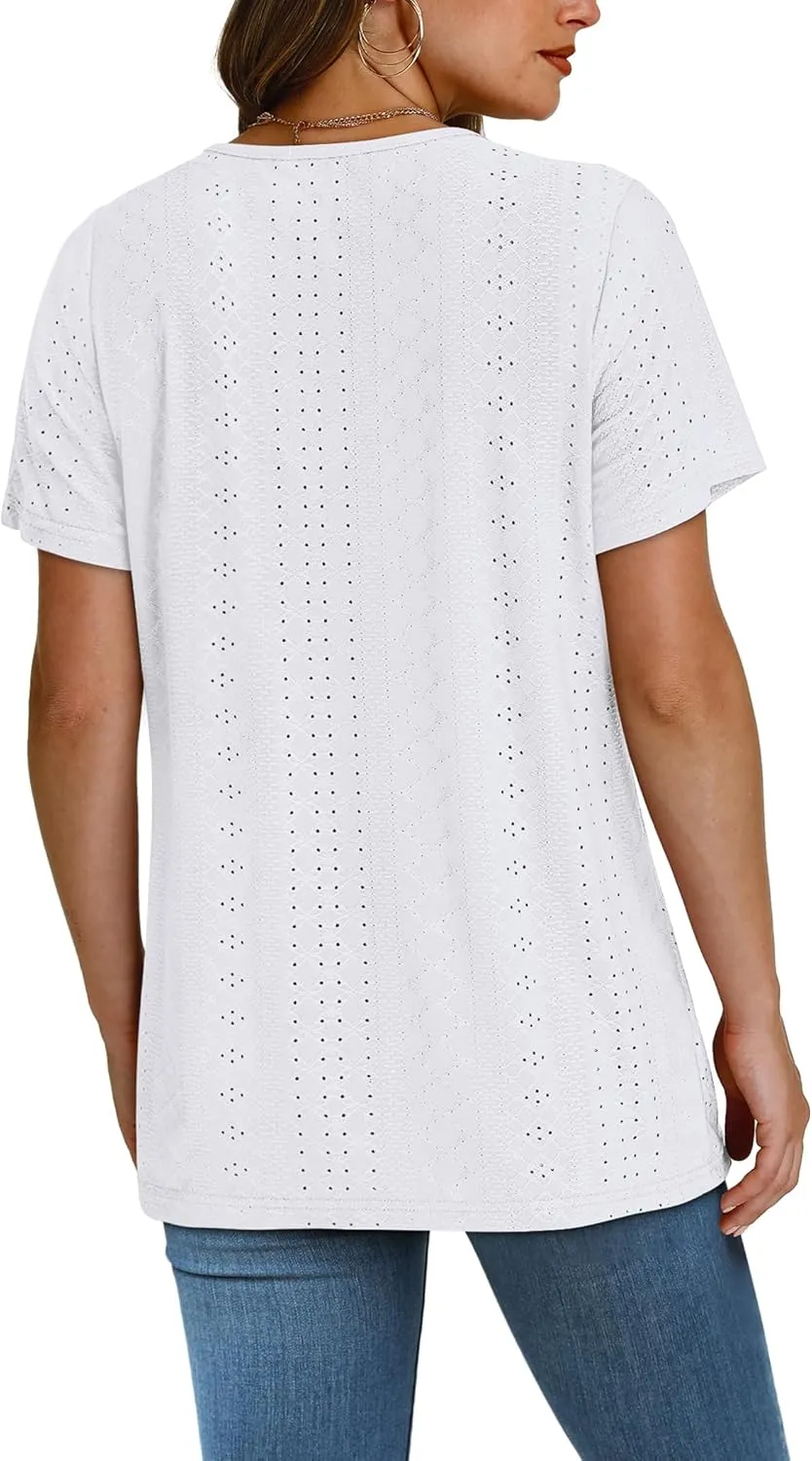 SAMPEEL Womens Summer Tops Trendy 2025 Eyelet Crossed V Neck T Shirts Loose Casual Short Sleeve Tshirts Shirts Fashion