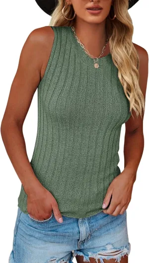 Saodimallsu Womens High Neck Tank Top Summer Ribbed Sleeveless Shirts Casual Loose Knit Cami Sweater Vest