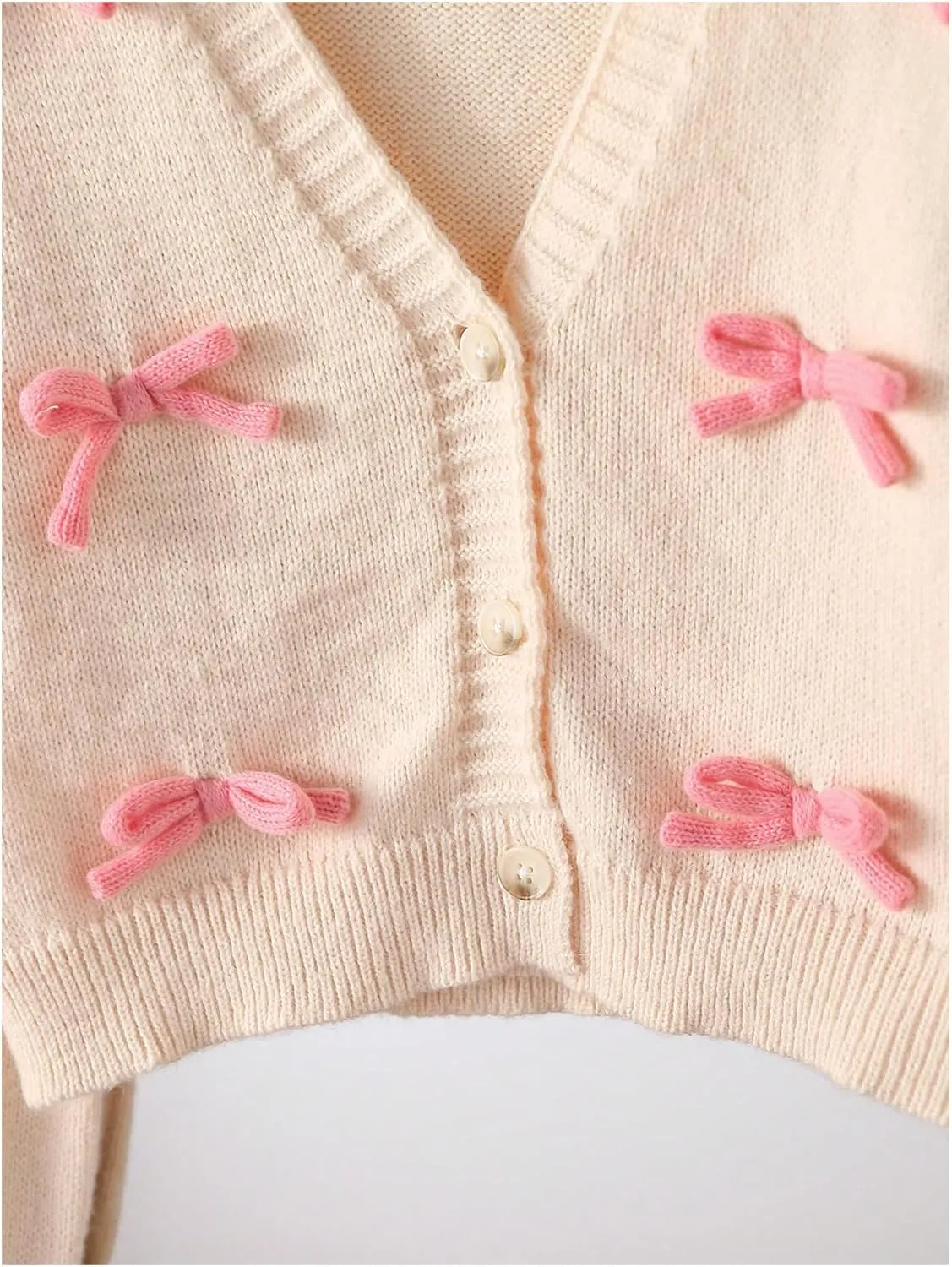 SHENHE Girl's Bow Button Down Knitted Cardigan V Neck Loose Cute Crop Sweater Outwear