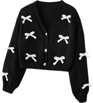 SHENHE Girl's Bow Button Down Knitted Cardigan V Neck Loose Cute Crop Sweater Outwear