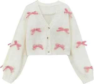 SHENHE Girl's Bow Button Down Knitted Cardigan V Neck Loose Cute Crop Sweater Outwear
