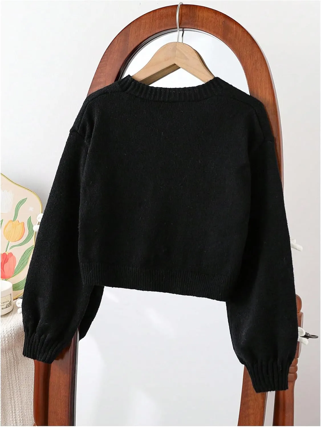 SHENHE Girl's Bow Button Down Knitted Cardigan V Neck Loose Cute Crop Sweater Outwear