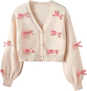 SHENHE Girl's Bow Button Down Knitted Cardigan V Neck Loose Cute Crop Sweater Outwear