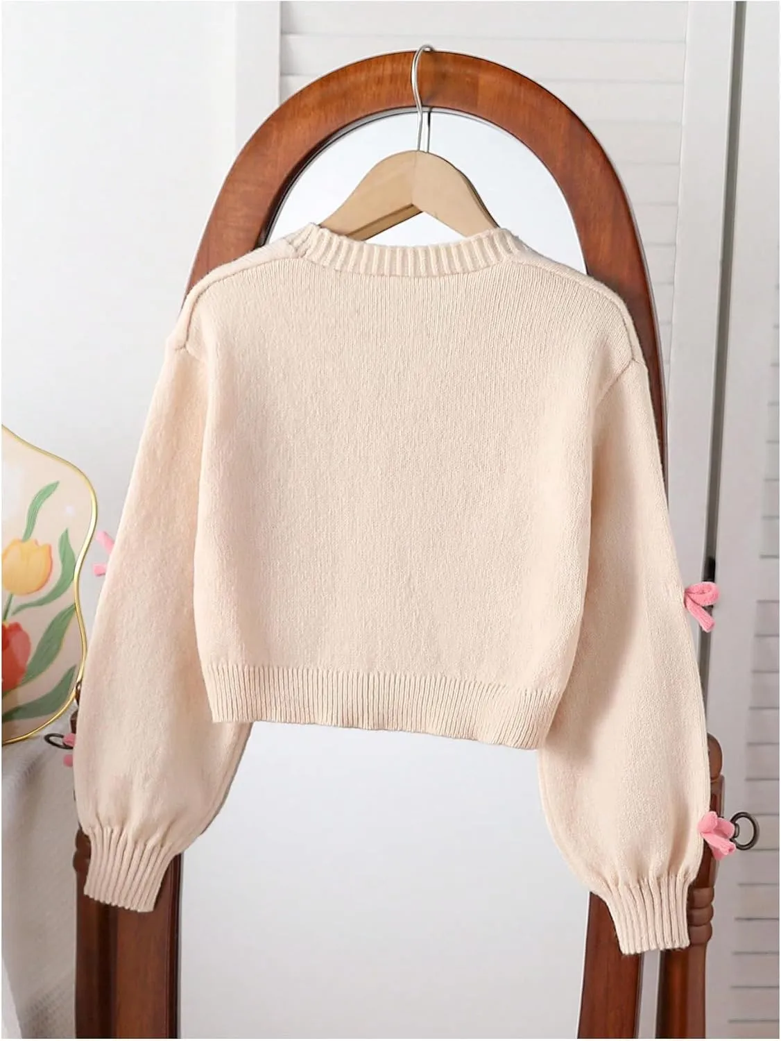 SHENHE Girl's Bow Button Down Knitted Cardigan V Neck Loose Cute Crop Sweater Outwear