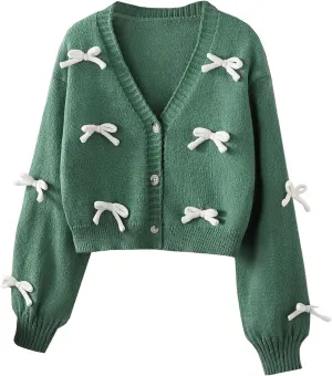 SHENHE Girl's Bow Button Down Knitted Cardigan V Neck Loose Cute Crop Sweater Outwear