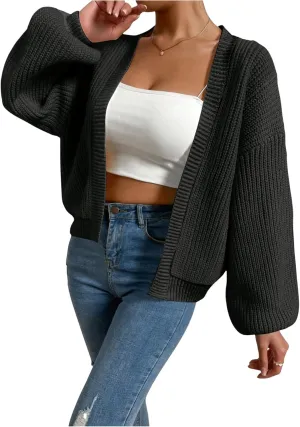 SHENHE Women's Color Block Open Front Long Sleeve Ribbed Knit Cropped Cardigan Sweaters