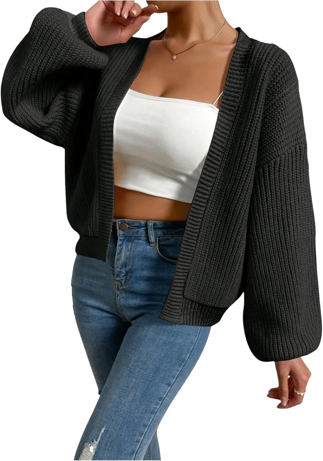 SHENHE Women's Color Block Open Front Long Sleeve Ribbed Knit Cropped Cardigan Sweaters