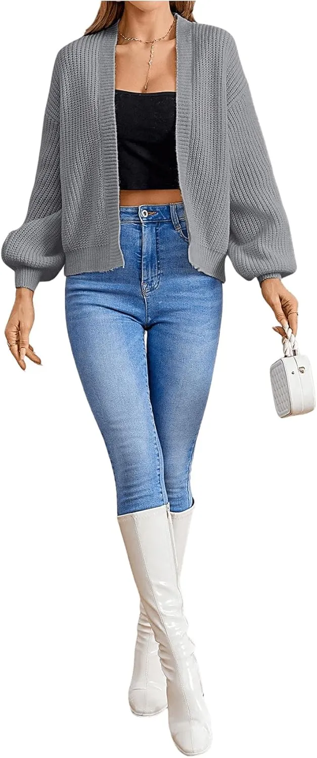 SHENHE Women's Color Block Open Front Long Sleeve Ribbed Knit Cropped Cardigan Sweaters