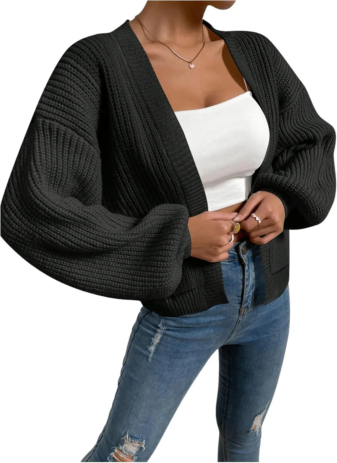 SHENHE Women's Color Block Open Front Long Sleeve Ribbed Knit Cropped Cardigan Sweaters