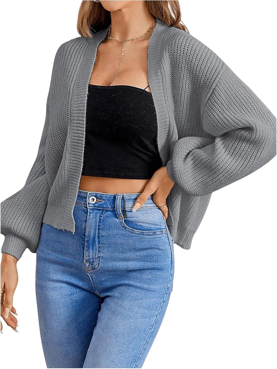 SHENHE Women's Color Block Open Front Long Sleeve Ribbed Knit Cropped Cardigan Sweaters