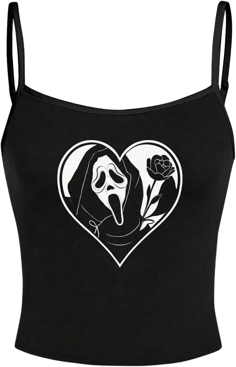 SHENHE Women's Funny Scream Ghostface Spaghetti Strap Gothic Cropped Camisole Cute Top