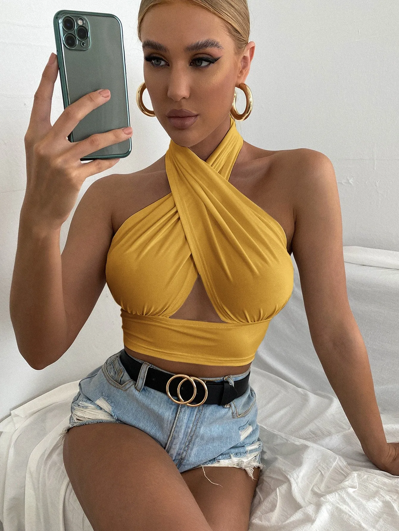Solid Cross Crop Halter Top