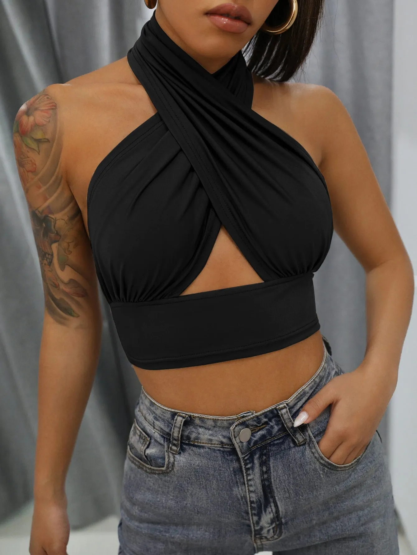 Solid Cross Crop Halter Top