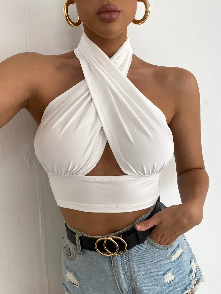 Solid Cross Crop Halter Top
