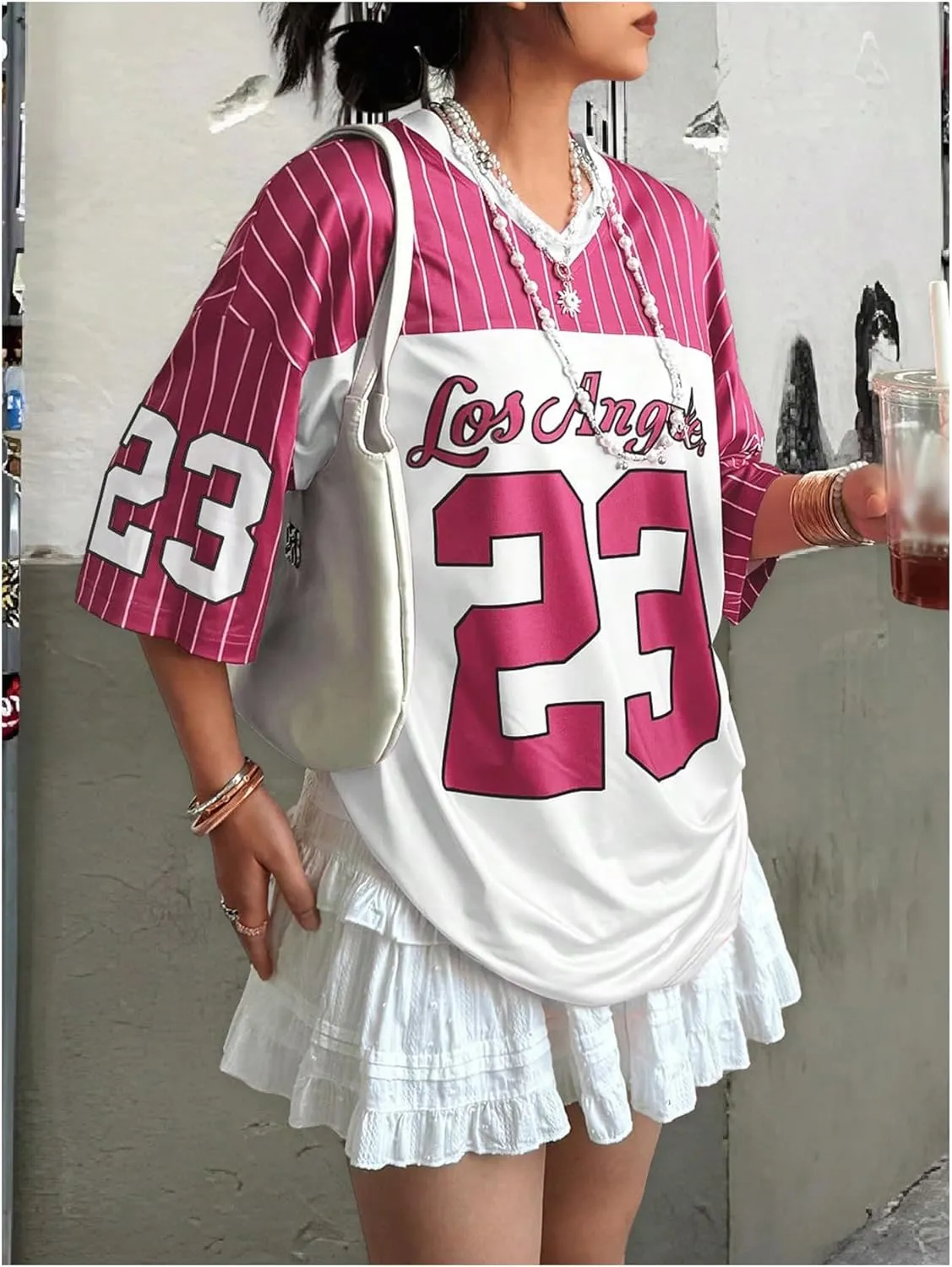 SOLY HUX Jersey Shirts for Women Y2k Oversized T Shirt Striped Number Graphic Tees V Neck Half Sleeve Streetwear Tops