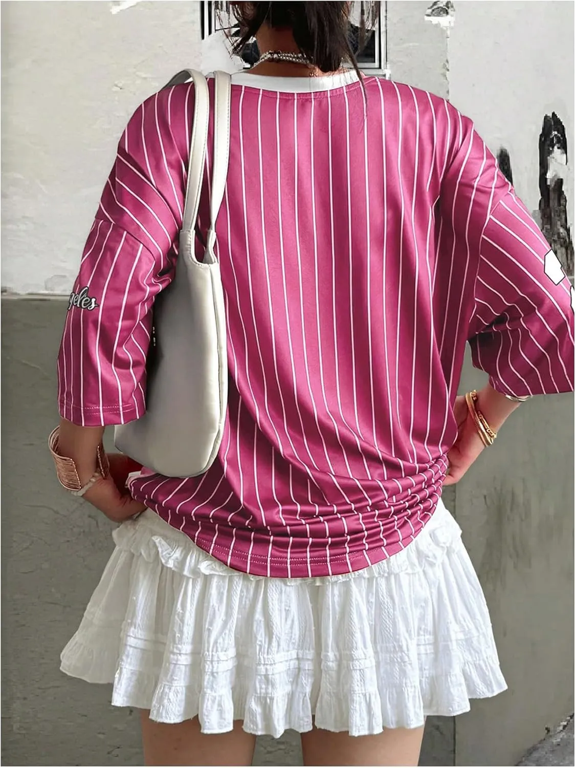 SOLY HUX Jersey Shirts for Women Y2k Oversized T Shirt Striped Number Graphic Tees V Neck Half Sleeve Streetwear Tops